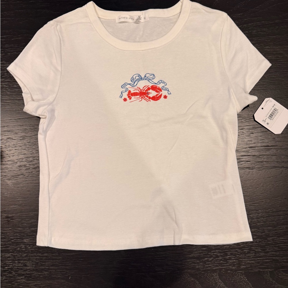 White Shirt with Red and Blue Design